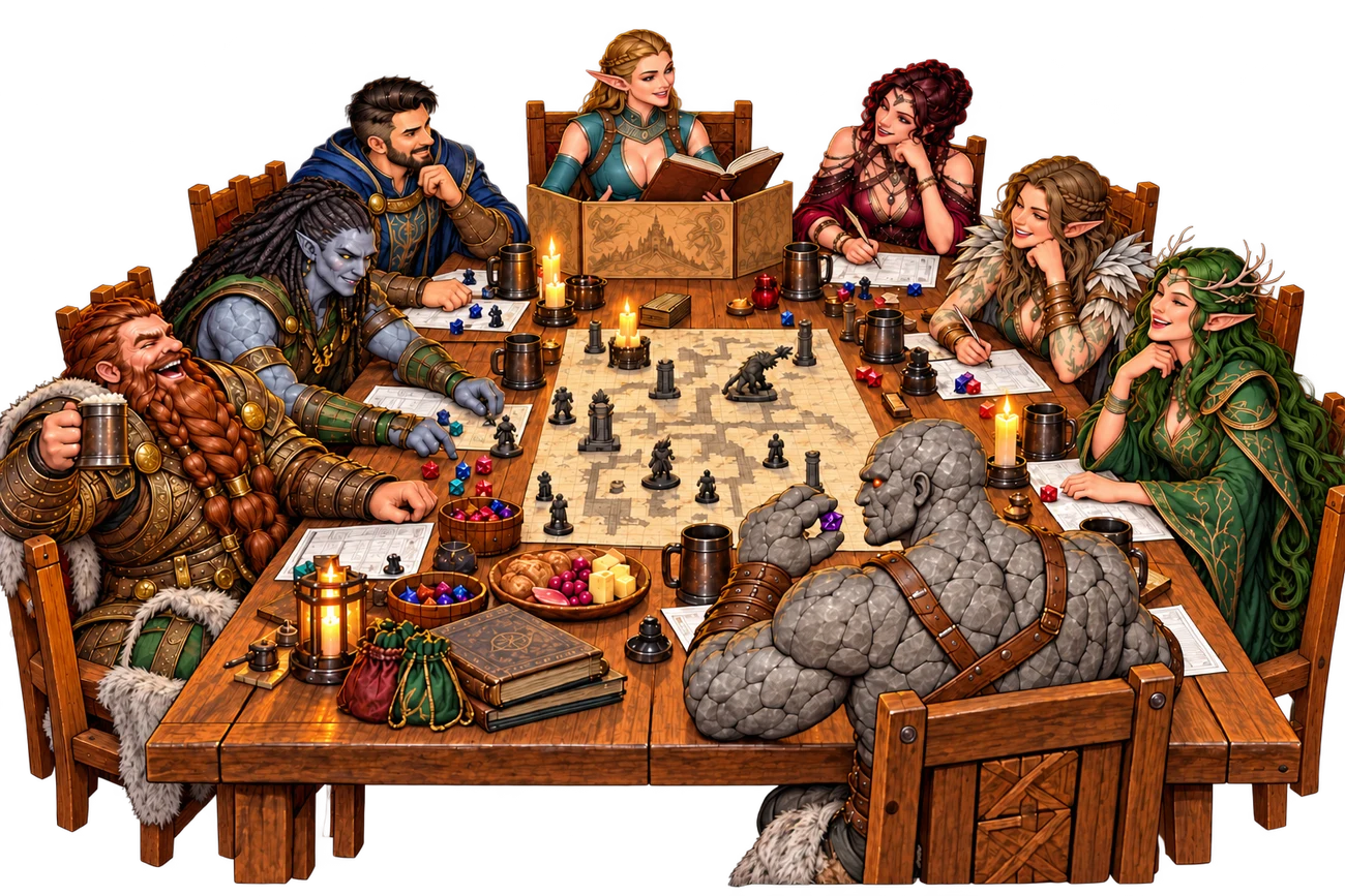 Acht Fantasyfiguren spielen gemeinsam an einem langen Holztisch mit Würfeln, Charakterbögen und Spielleiterschirm.